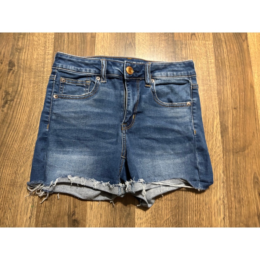 American Eagle Shorts Women Size 4 Blue Denim Hi-Rise Shortie Cut Off Distressed